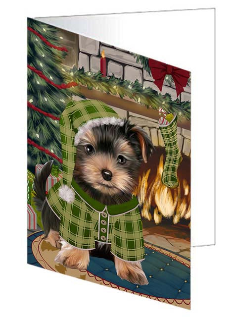 The Stocking was Hung Yorkshire Terrier Dog Handmade Artwork Assorted Pets Greeting Cards and Note Cards with Envelopes for All Occasions and Holiday Seasons GCD71531