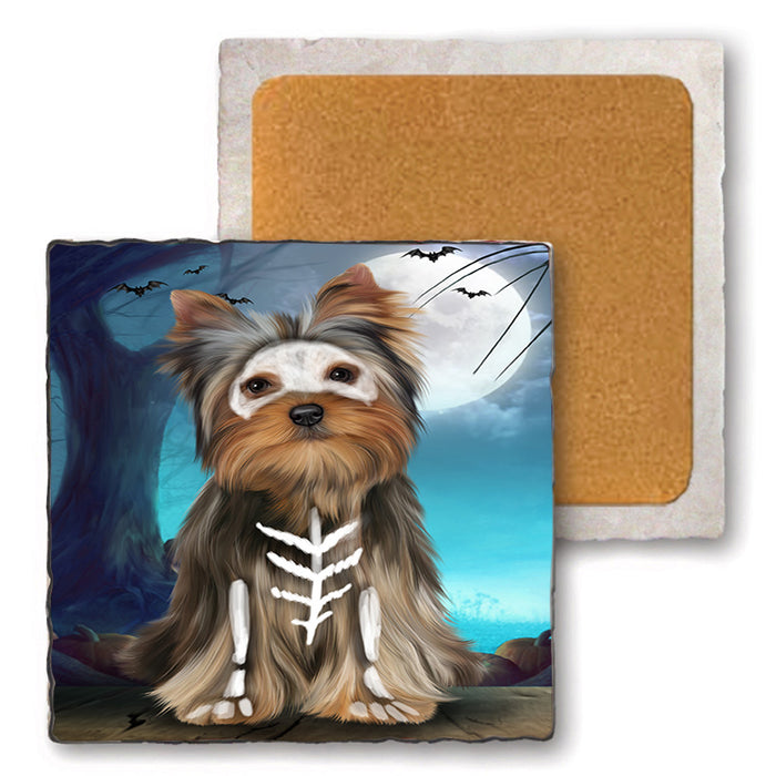 Happy Halloween Trick or Treat Yorkshire Terrier Dog Set of 4 Natural Stone Marble Tile Coasters MCST49550