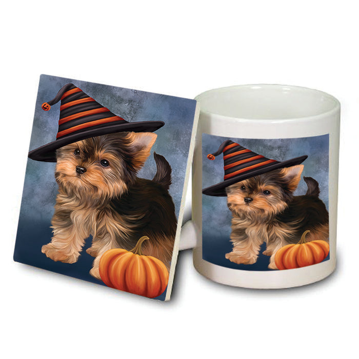Happy Halloween Yorkshire Terrier Dog Wearing Witch Hat with Pumpkin Mug and Coaster Set MUC54840