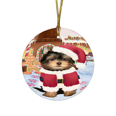 Christmas Gingerbread House Candyfest Yorkshire Terrier Dog Round Flat Christmas Ornament RFPOR56966