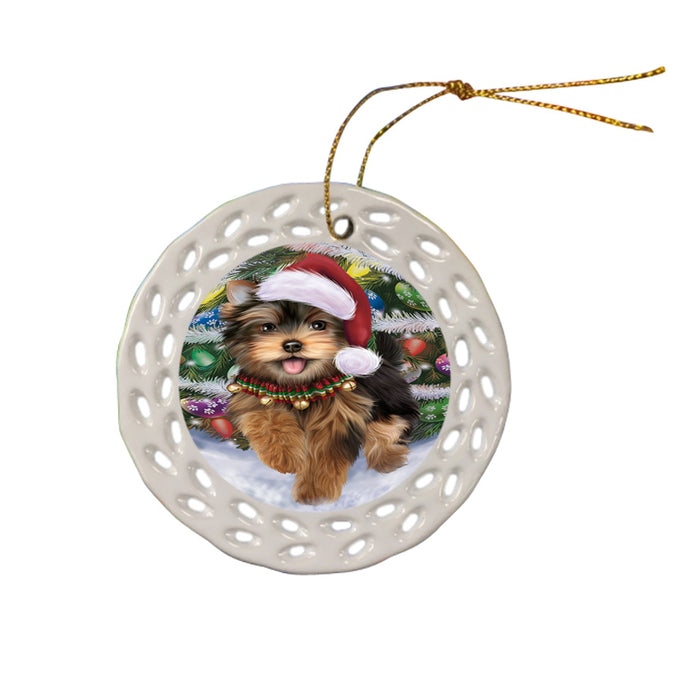 Trotting in the Snow Yorkshire Terrier Dog Ceramic Doily Ornament DPOR54735