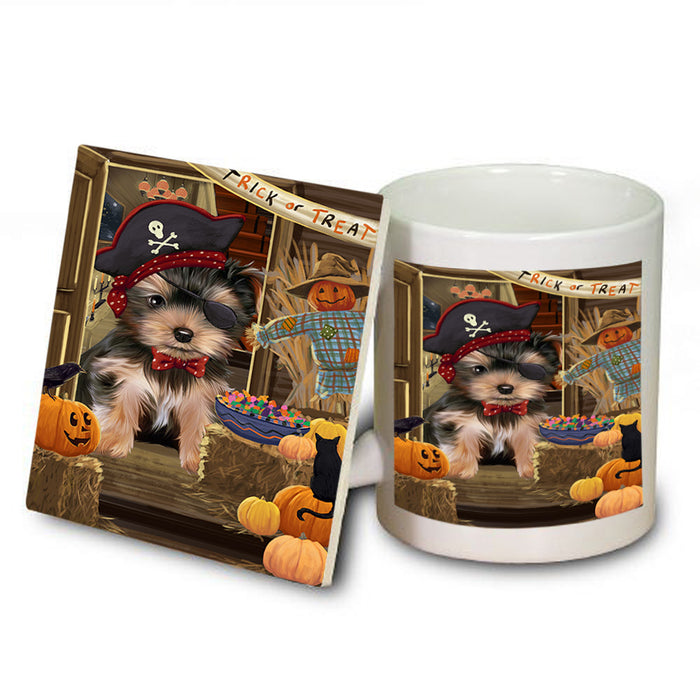 Enter at Own Risk Trick or Treat Halloween Yorkshire Terrier Dog Mug and Coaster Set MUC53348
