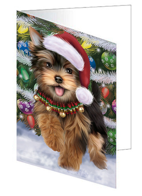 Trotting in the Snow Yorkshire Terrier Dog Handmade Artwork Assorted Pets Greeting Cards and Note Cards with Envelopes for All Occasions and Holiday Seasons GCD68234