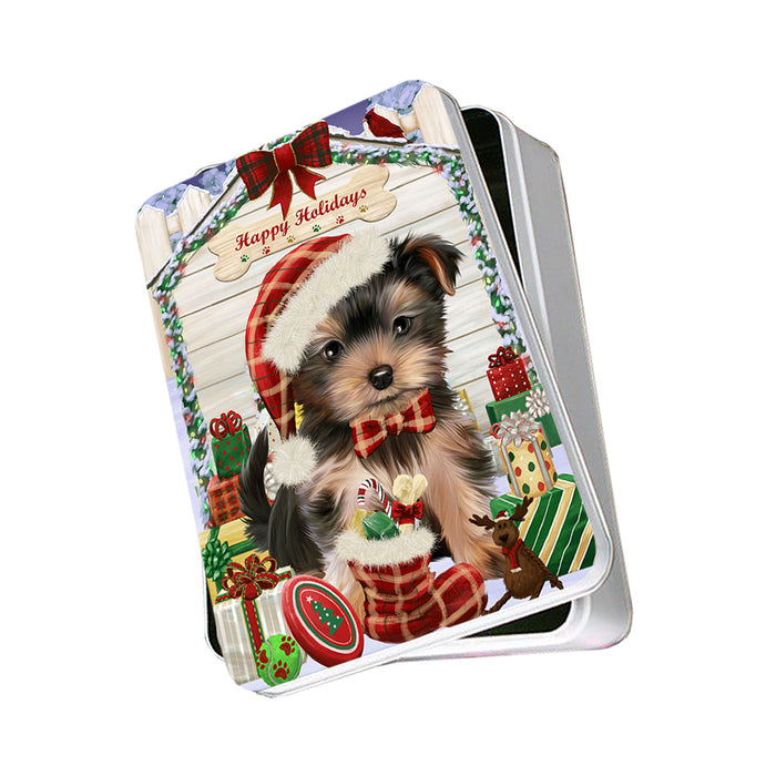 Happy Holidays Christmas Yorkshire Terrier Dog House With Presents Photo Storage Tin PITN51542