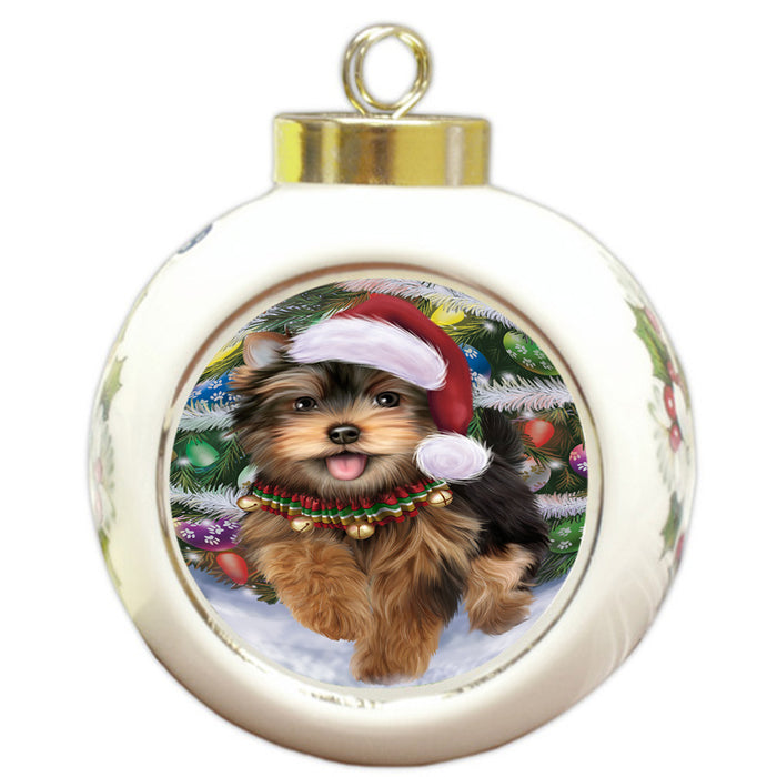 Trotting in the Snow Yorkshire Terrier Dog Round Ball Christmas Ornament RBPOR54735