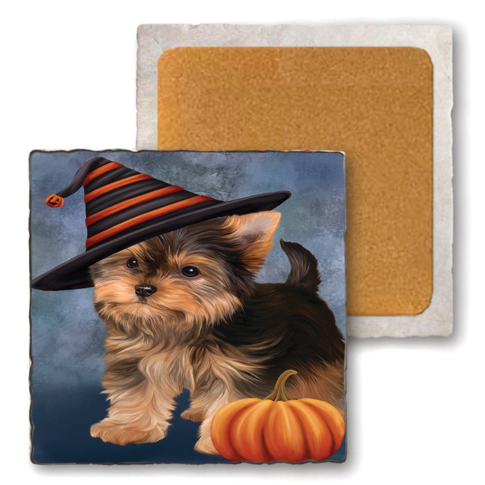 Happy Halloween Yorkshire Terrier Dog Wearing Witch Hat with Pumpkin Set of 4 Natural Stone Marble Tile Coasters MCST49848