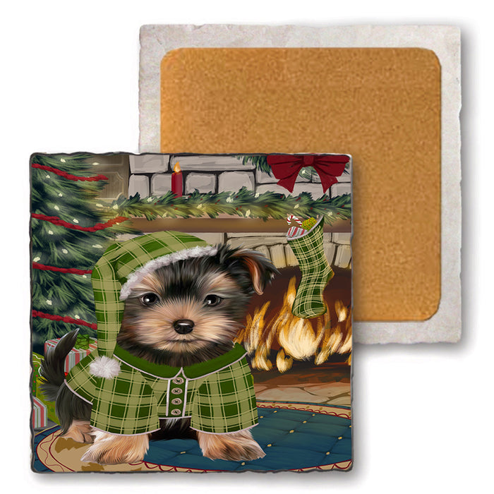 The Stocking was Hung Yorkshire Terrier Dog Set of 4 Natural Stone Marble Tile Coasters MCST50672
