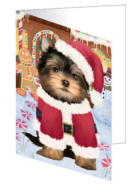 Christmas Gingerbread House Candyfest Yorkshire Terrier Dog Handmade Artwork Assorted Pets Greeting Cards and Note Cards with Envelopes for All Occasions and Holiday Seasons GCD74345