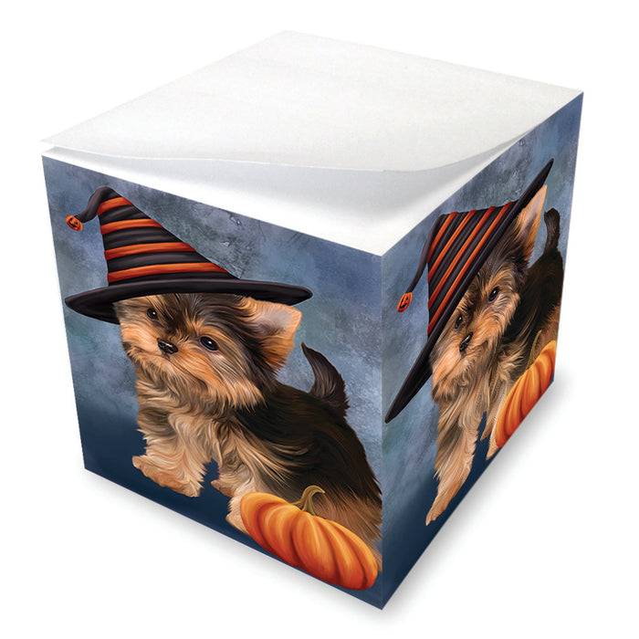 Happy Halloween Yorkshire Terrier Dog Wearing Witch Hat with Pumpkin Note Cube NOC56494
