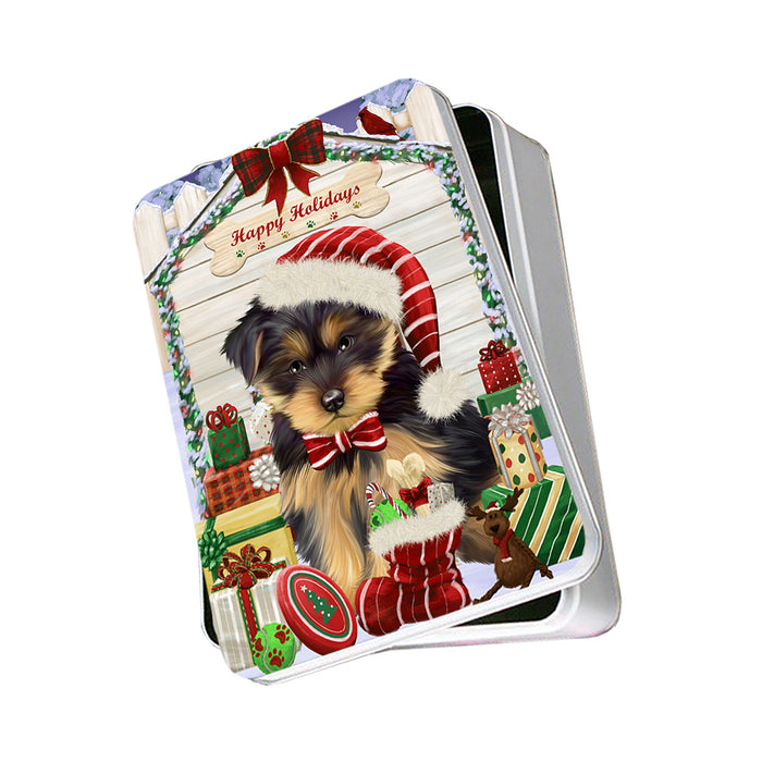 Happy Holidays Christmas Yorkshire Terrier Dog House With Presents Photo Storage Tin PITN51543