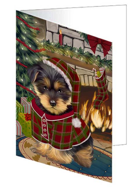The Stocking was Hung Yorkshire Terrier Dog Handmade Artwork Assorted Pets Greeting Cards and Note Cards with Envelopes for All Occasions and Holiday Seasons GCD71534