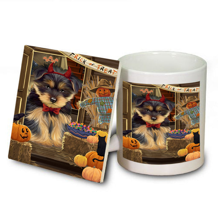 Enter at Own Risk Trick or Treat Halloween Yorkshire Terrier Dog Mug and Coaster Set MUC53349