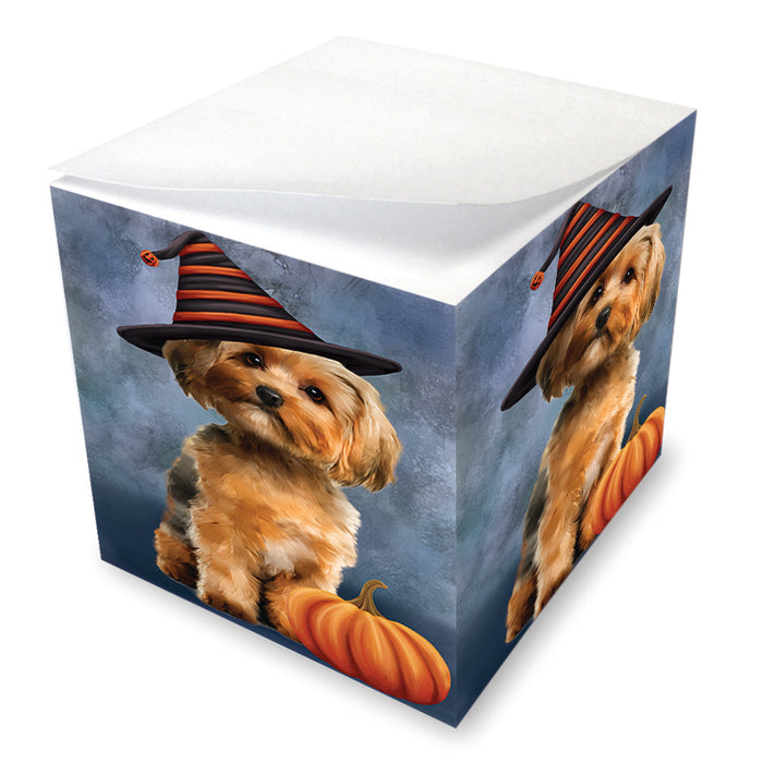 Happy Halloween Yorkshire Terrier Dog Wearing Witch Hat with Pumpkin Note Cube NOC56495