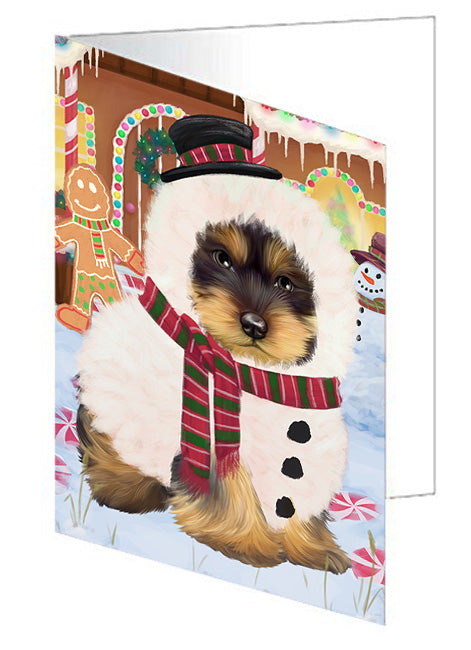 Christmas Gingerbread House Candyfest Yorkshire Terrier Dog Handmade Artwork Assorted Pets Greeting Cards and Note Cards with Envelopes for All Occasions and Holiday Seasons GCD74348