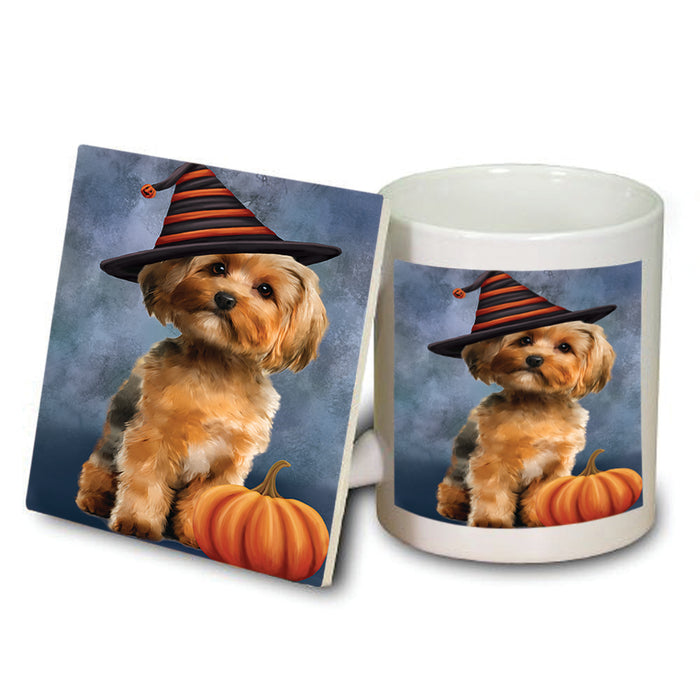 Happy Halloween Yorkshire Terrier Dog Wearing Witch Hat with Pumpkin Mug and Coaster Set MUC54841