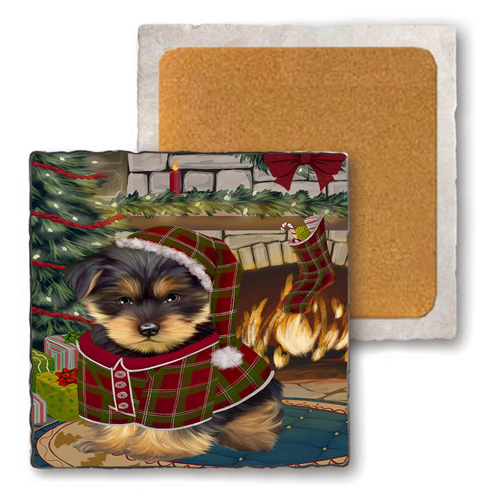 The Stocking was Hung Yorkshire Terrier Dog Set of 4 Natural Stone Marble Tile Coasters MCST50673