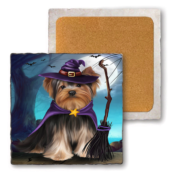 Happy Halloween Trick or Treat Yorkshire Terrier Dog Set of 4 Natural Stone Marble Tile Coasters MCST49551