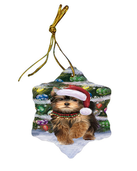 Trotting in the Snow Yorkshire Terrier Dog Star Porcelain Ornament SPOR54727