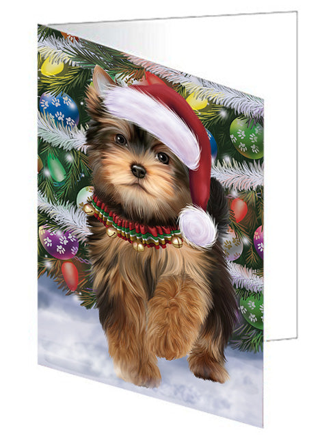 Trotting in the Snow Yorkshire Terrier Dog Handmade Artwork Assorted Pets Greeting Cards and Note Cards with Envelopes for All Occasions and Holiday Seasons GCD68237