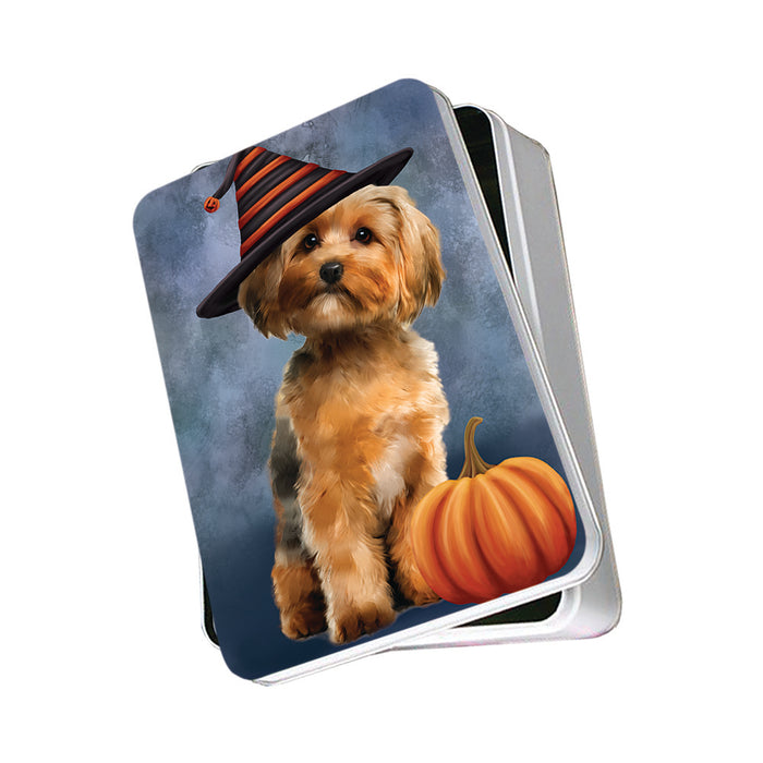 Happy Halloween Yorkshire Terrier Dog Wearing Witch Hat with Pumpkin Photo Storage Tin PITN54792