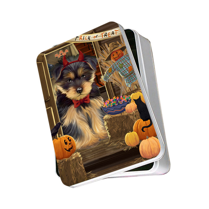 Enter at Own Risk Trick or Treat Halloween Yorkshire Terrier Dog Photo Storage Tin PITN53357