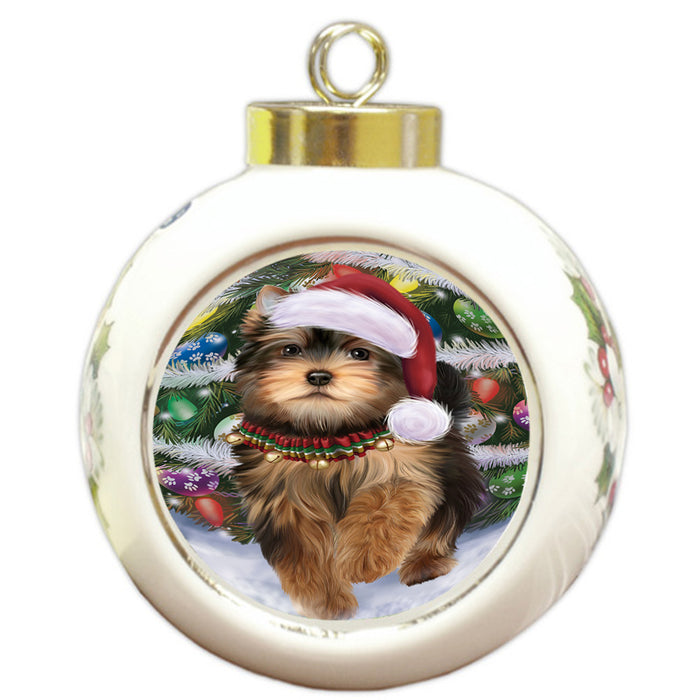 Trotting in the Snow Yorkshire Terrier Dog Round Ball Christmas Ornament RBPOR54736