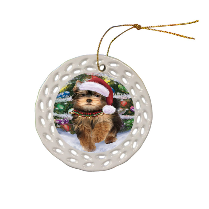 Trotting in the Snow Yorkshire Terrier Dog Ceramic Doily Ornament DPOR54736