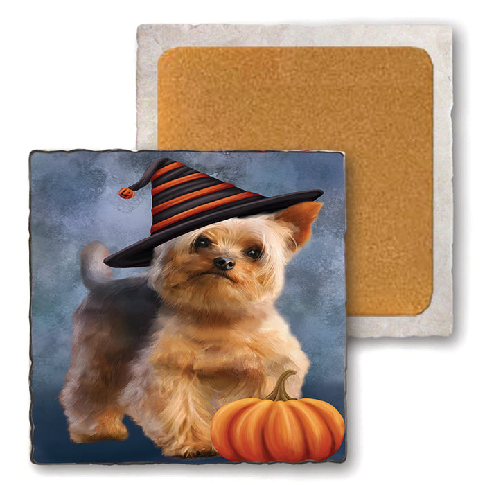 Happy Halloween Yorkshire Terrier Dog Wearing Witch Hat with Pumpkin Set of 4 Natural Stone Marble Tile Coasters MCST49850