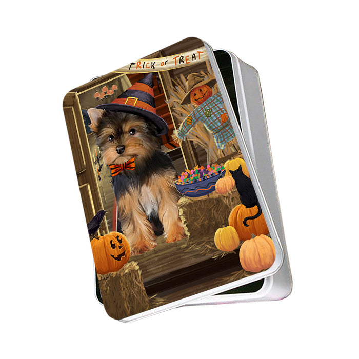 Enter at Own Risk Trick or Treat Halloween Yorkshire Terrier Dog Photo Storage Tin PITN53358