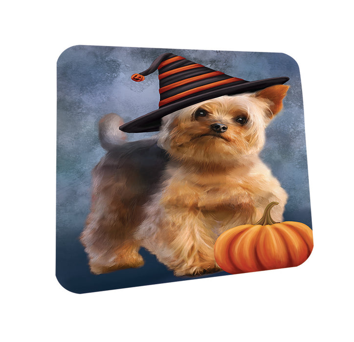 Happy Halloween Yorkshire Terrier Dog Wearing Witch Hat with Pumpkin Coasters Set of 4 CST54808