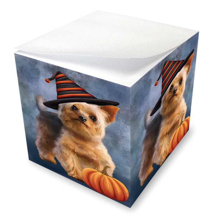 Happy Halloween Yorkshire Terrier Dog Wearing Witch Hat with Pumpkin Note Cube NOC56496