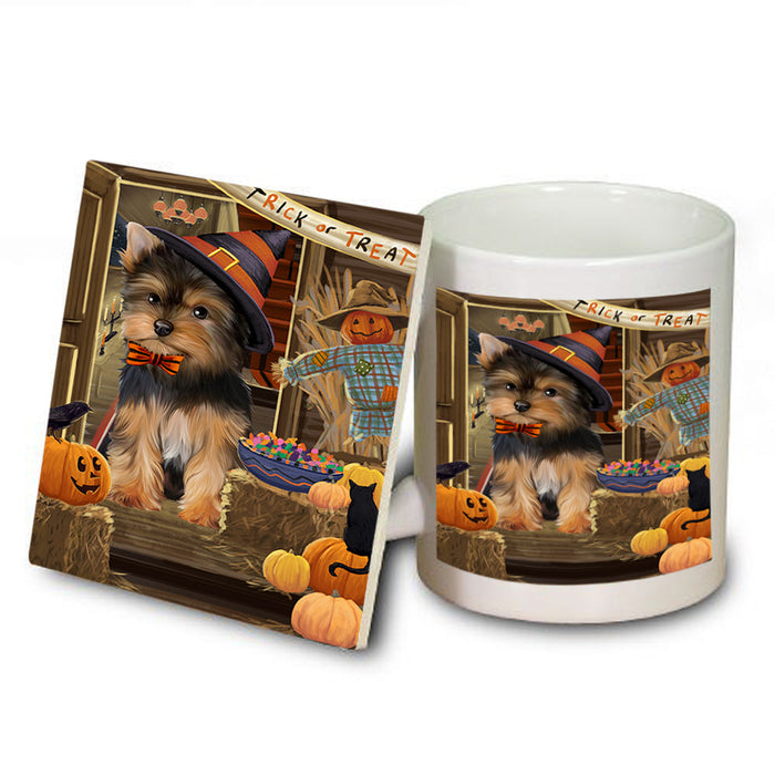 Enter at Own Risk Trick or Treat Halloween Yorkshire Terrier Dog Mug and Coaster Set MUC53350