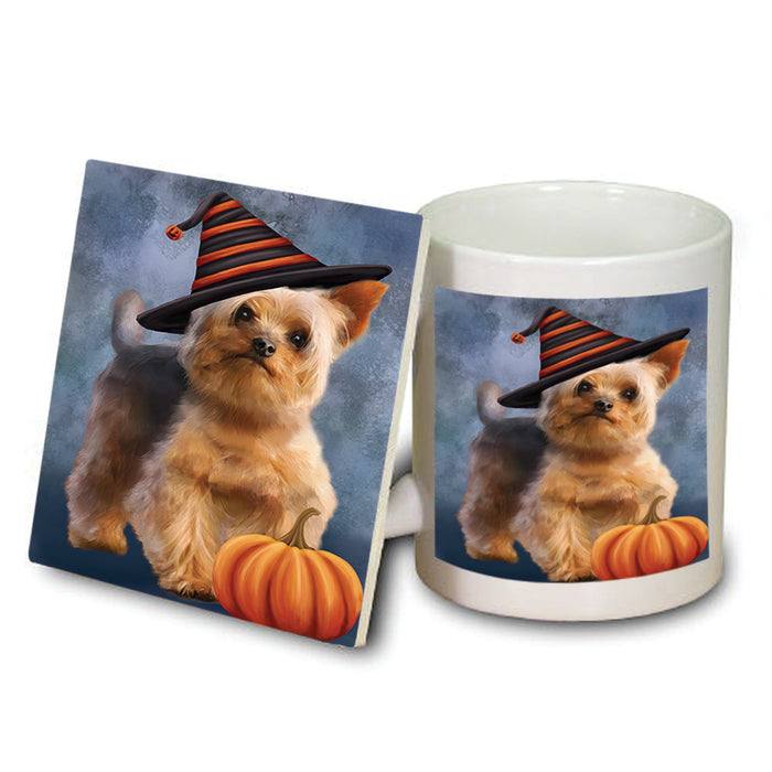 Happy Halloween Yorkshire Terrier Dog Wearing Witch Hat with Pumpkin Mug and Coaster Set MUC54842