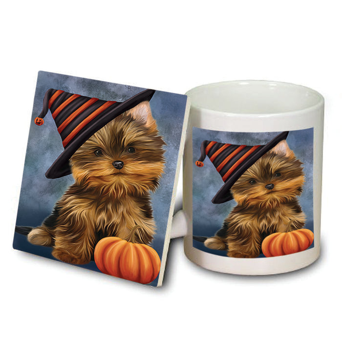 Happy Halloween Yorkshire Terrier Dog Wearing Witch Hat with Pumpkin Mug and Coaster Set MUC54843