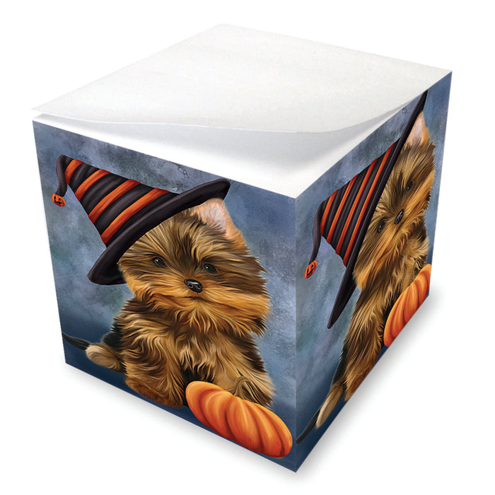 Happy Halloween Yorkshire Terrier Dog Wearing Witch Hat with Pumpkin Note Cube NOC56497