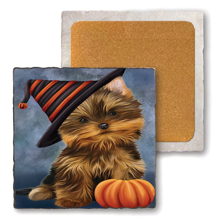 Happy Halloween Yorkshire Terrier Dog Wearing Witch Hat with Pumpkin Set of 4 Natural Stone Marble Tile Coasters MCST49851