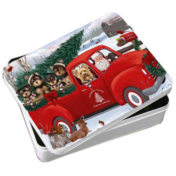 Christmas Santa Express Delivery Yorkshire Terriers Dog Family Photo Storage Tin PITN55025