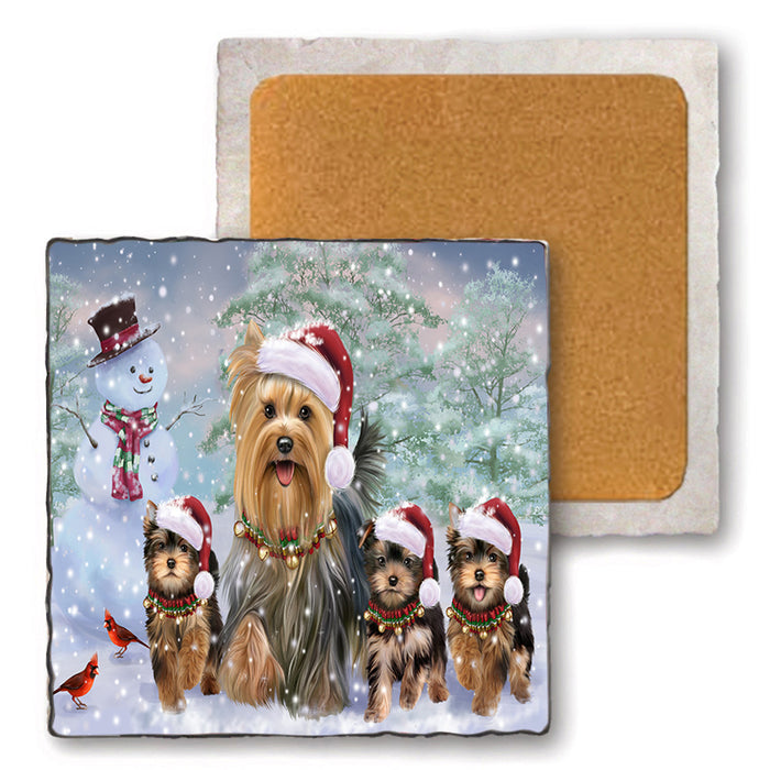 Christmas Running Family Dogs Yorkshire Terriers Dog Set of 4 Natural Stone Marble Tile Coasters MCST49229