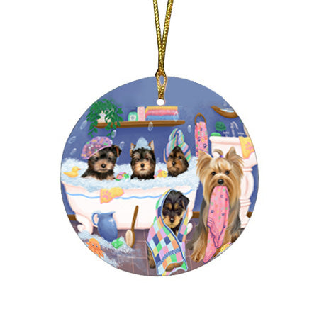 Rub A Dub Dogs In A Tub Yorkshire Terriers Dog Round Flat Christmas Ornament RFPOR57194