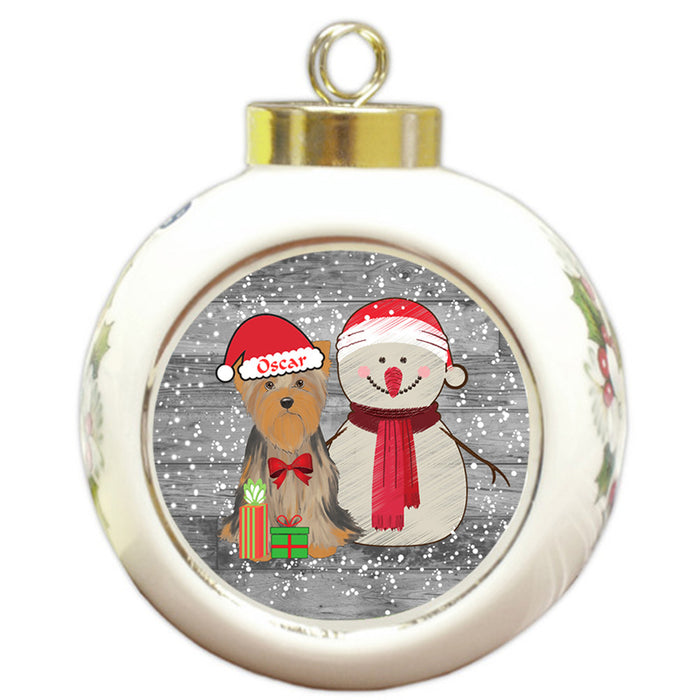 Custom Personalized Snowy Snowman and Yorkshire Terrier Dog Christmas Round Ball Ornament