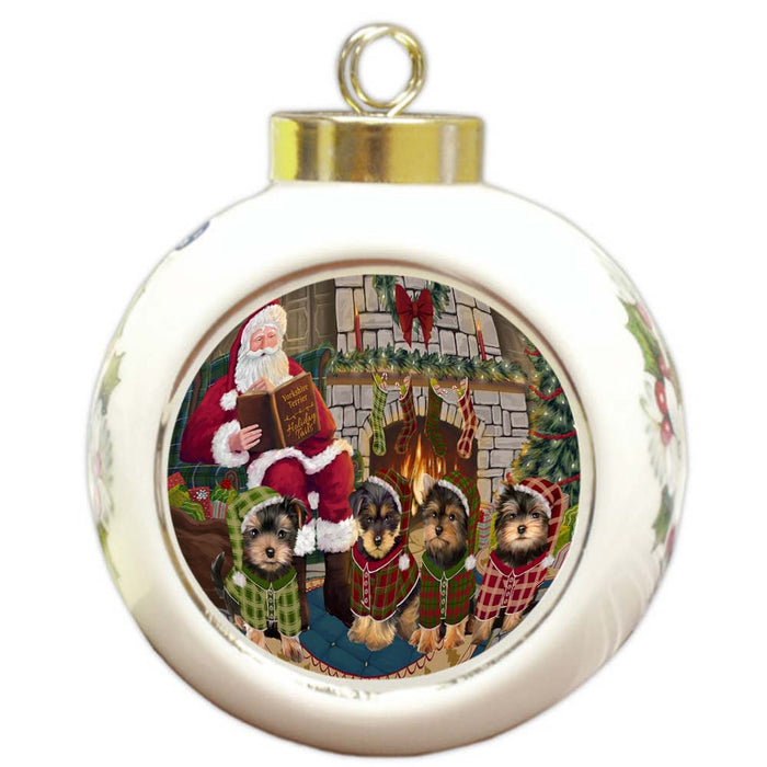Christmas Cozy Holiday Tails Yorkshire Terriers Dog Round Ball Christmas Ornament RBPOR55759