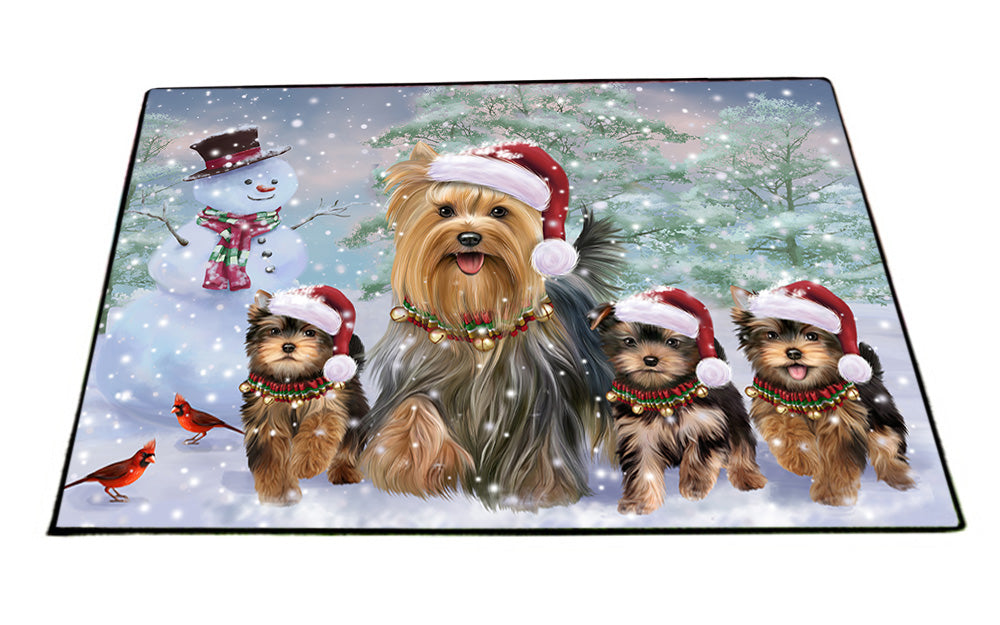 Christmas Running Family Dogs Yorkshire Terriers Dog Floormat FLMS54559