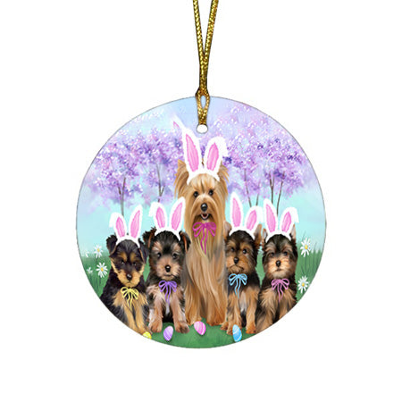 Yorkshire Terriers Dog Easter Holiday Round Flat Christmas Ornament RFPOR49172