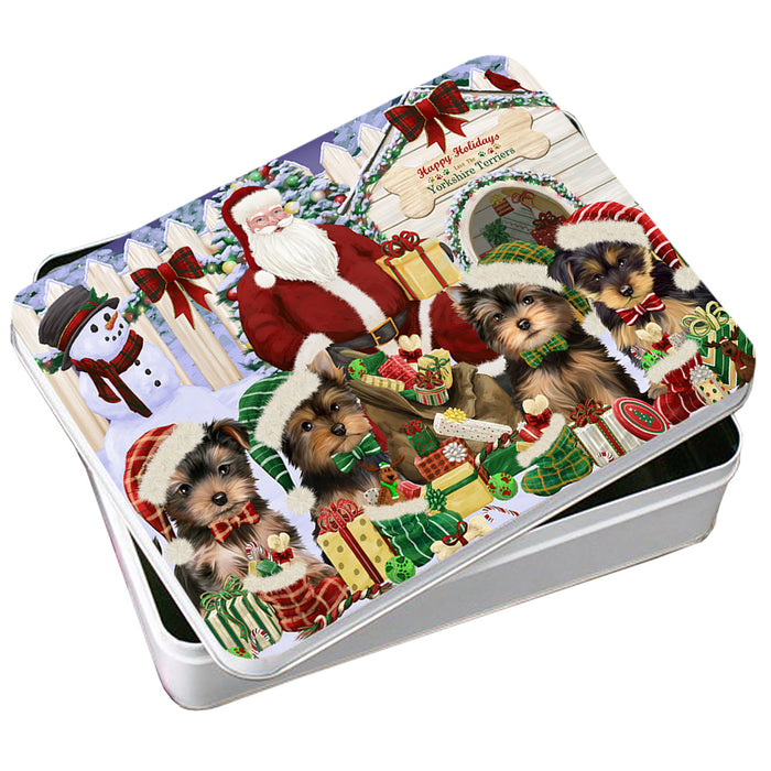 Happy Holidays Christmas Yorkshire Terriers Dog House Gathering Photo Storage Tin PITN51475