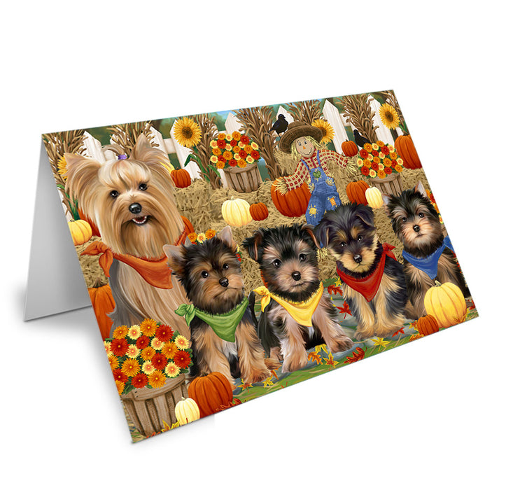 Fall Festive Gathering Yorkshire Terriers Dog with Pumpkins Handmade Artwork Assorted Pets Greeting Cards and Note Cards with Envelopes for All Occasions and Holiday Seasons GCD56471