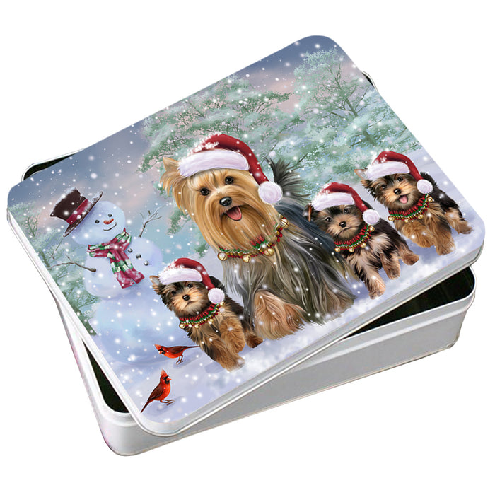 Christmas Running Family Dogs Yorkshire Terriers Dog Photo Storage Tin PITN54172