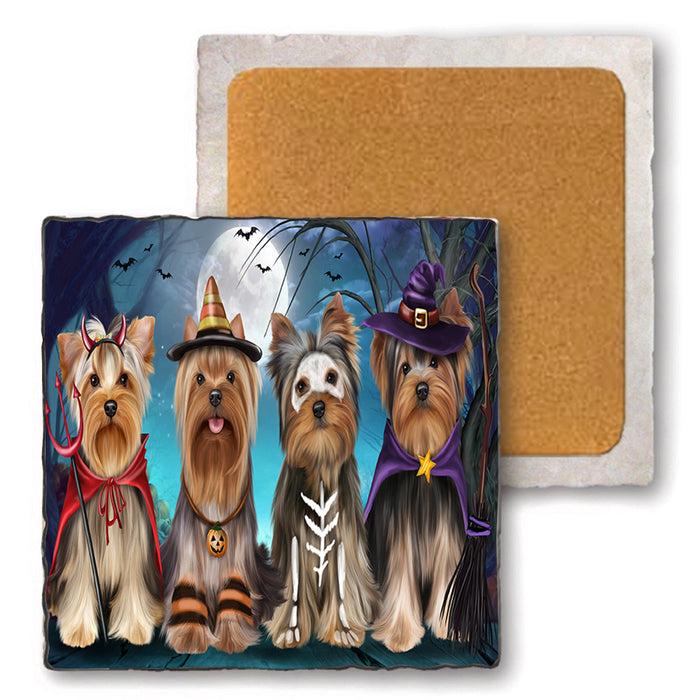 Happy Halloween Trick or Treat Yorkshire Terriers Dog Set of 4 Natural Stone Marble Tile Coasters MCST49491