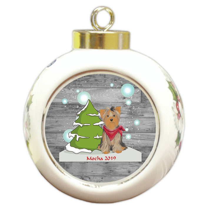Custom Personalized Winter Scenic Tree and Presents Yorkshire Terrier Dog Christmas Round Ball Ornament