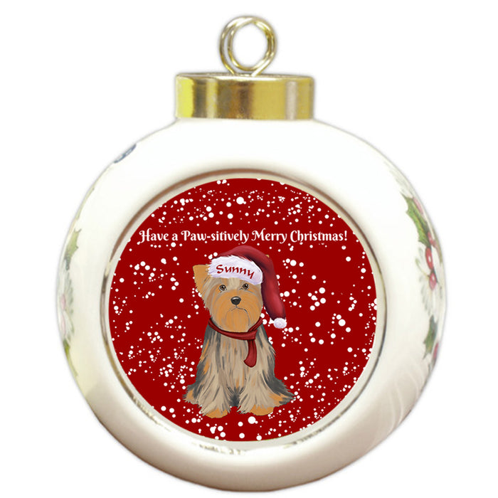Custom Personalized Pawsitively Yorkshire Terrier Dog Merry Christmas Round Ball Ornament
