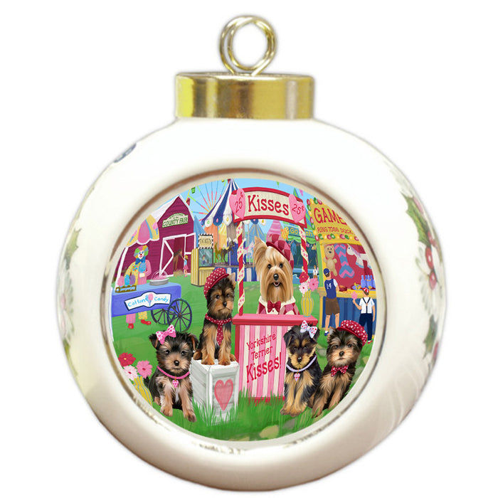 Carnival Kissing Booth Yorkshire Terriers Dog Round Ball Christmas Ornament RBPOR56409